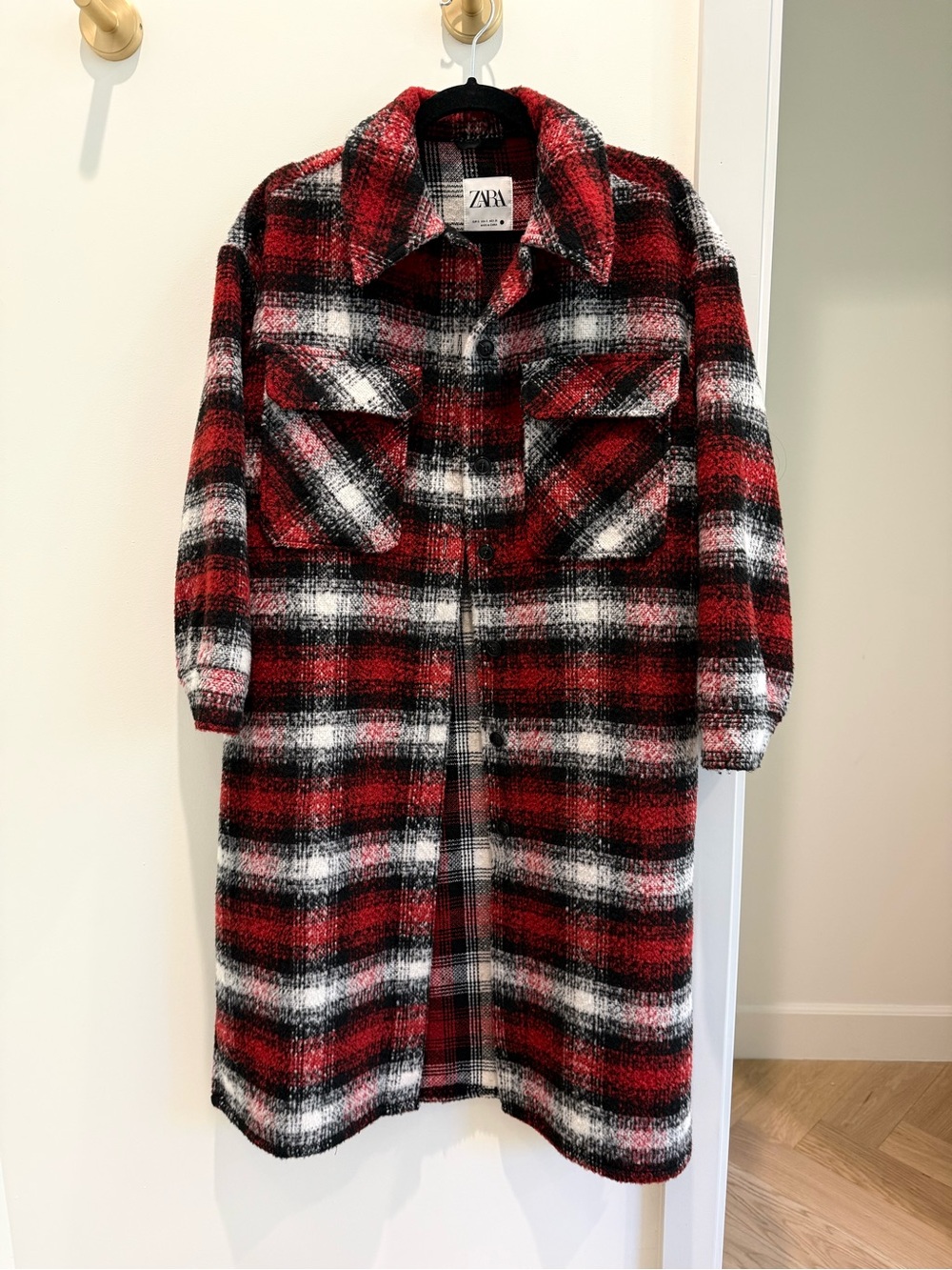 ZARA Red Black White Plaid Long Shacket Coat
